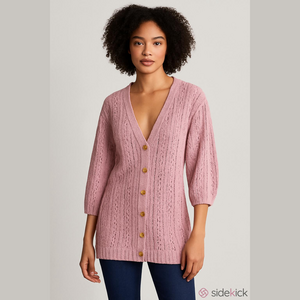 LC Lauren Conrad Long Cardigan| Women's Knit Pointelle Pink Small Sweater